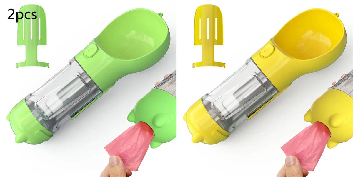 Pet dog water bottle feeder bowl 3-in-1, portable travel bottle in green and yellow, 2-pack.
