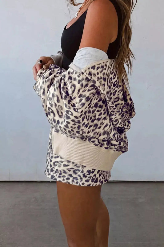 Leopard print zip-up hoodie and shorts two-piece set in beige/black