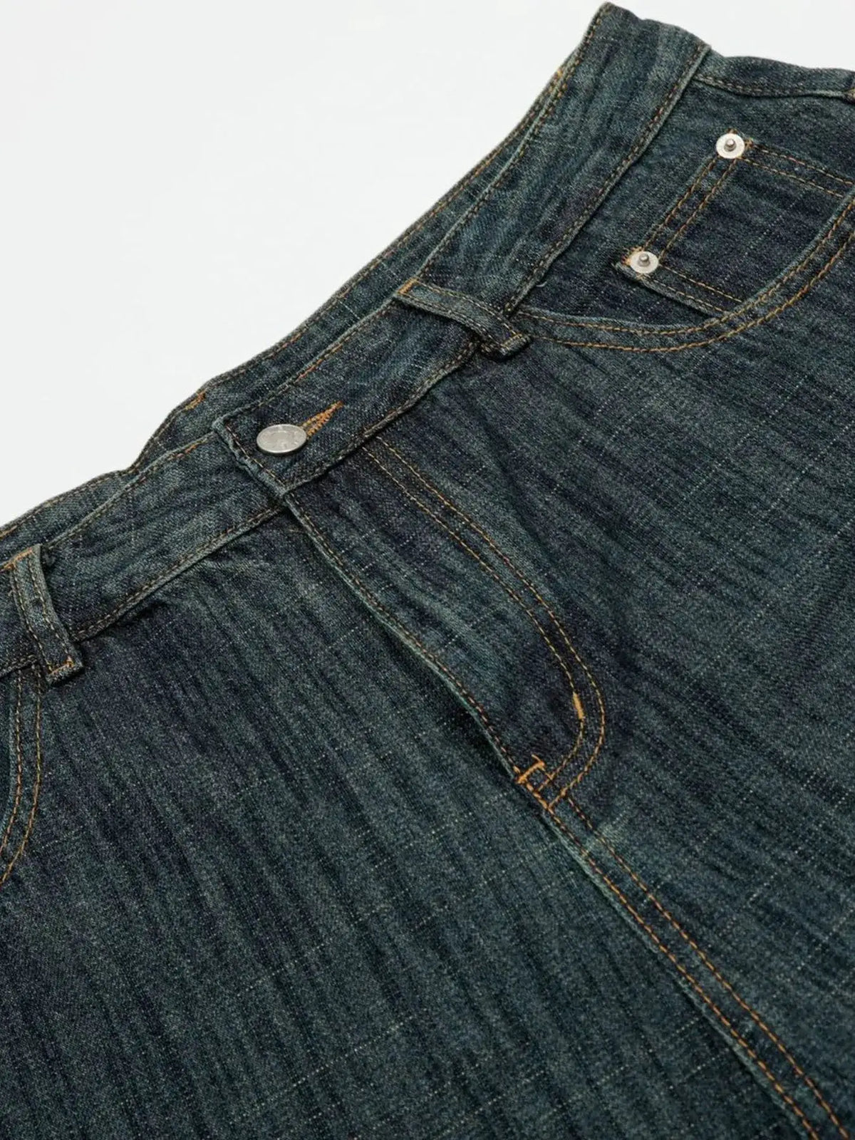 Men's relaxed-fit denim shorts, dark blue cotton blend with contrast orange stitching