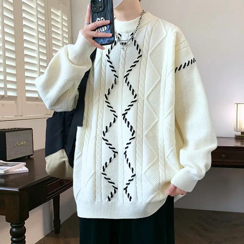Mens Premium Cotton Blend Crewneck Sweater by eprolo, white oversized knit with black braided pattern