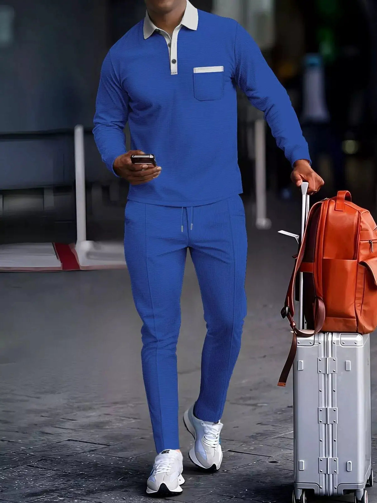 Mens blue plus-size long-sleeve two-piece stretchy knit set with white polo collar and chest pocket by Trendsi