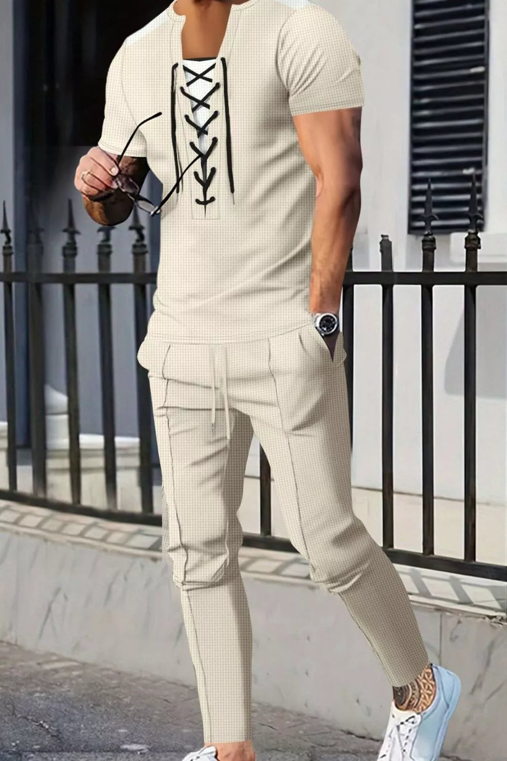 Men's Trendsi beige lace-up front top and jogger pants casual set, plus size