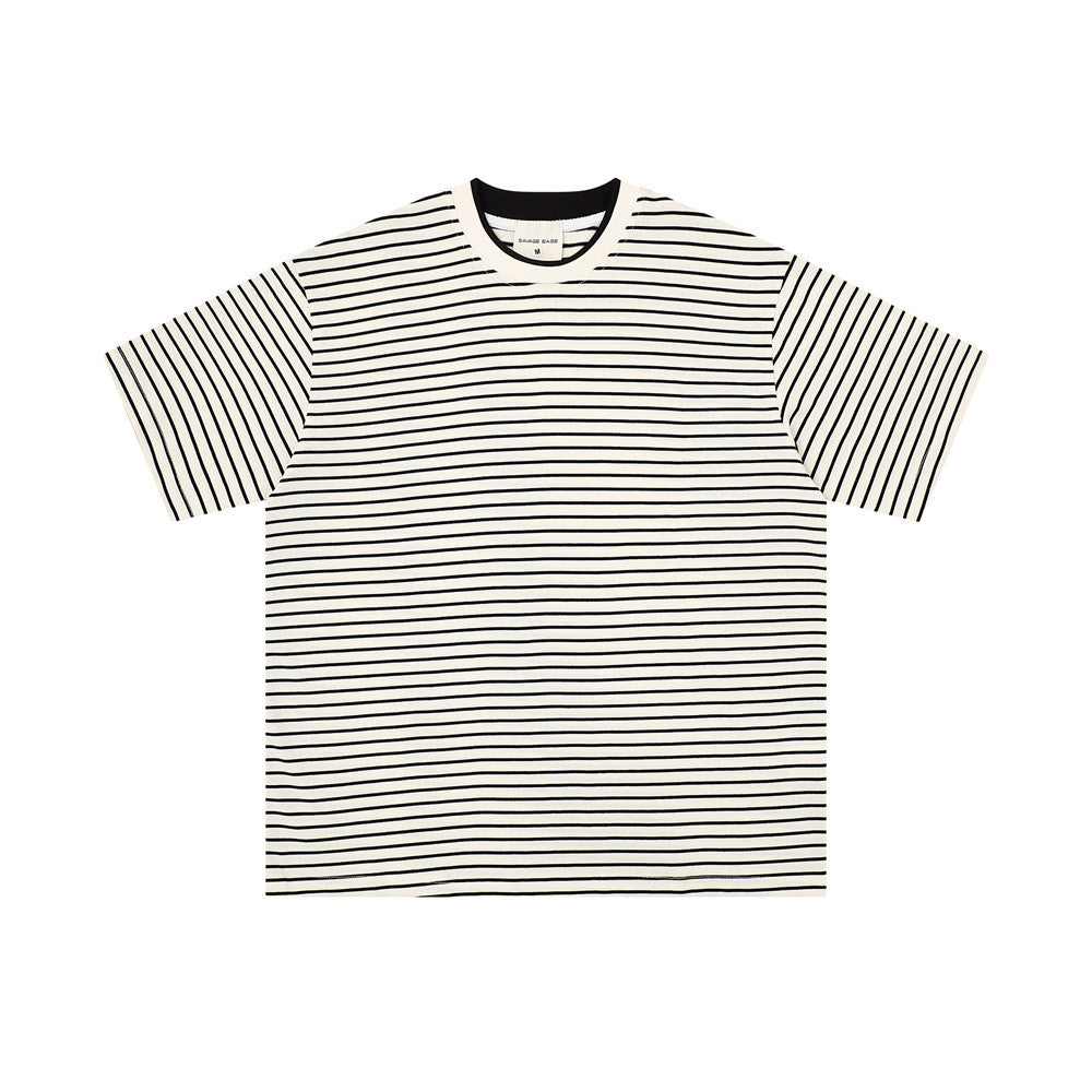 Loose striped short-sleeve t-shirt by eprolo, white with navy horizontal stripes, street fashion