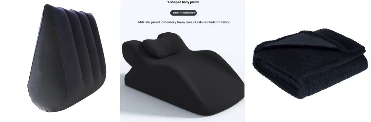 Water-proof blanket in black flannel cotton velvet by AdTec; displayed with two pillows