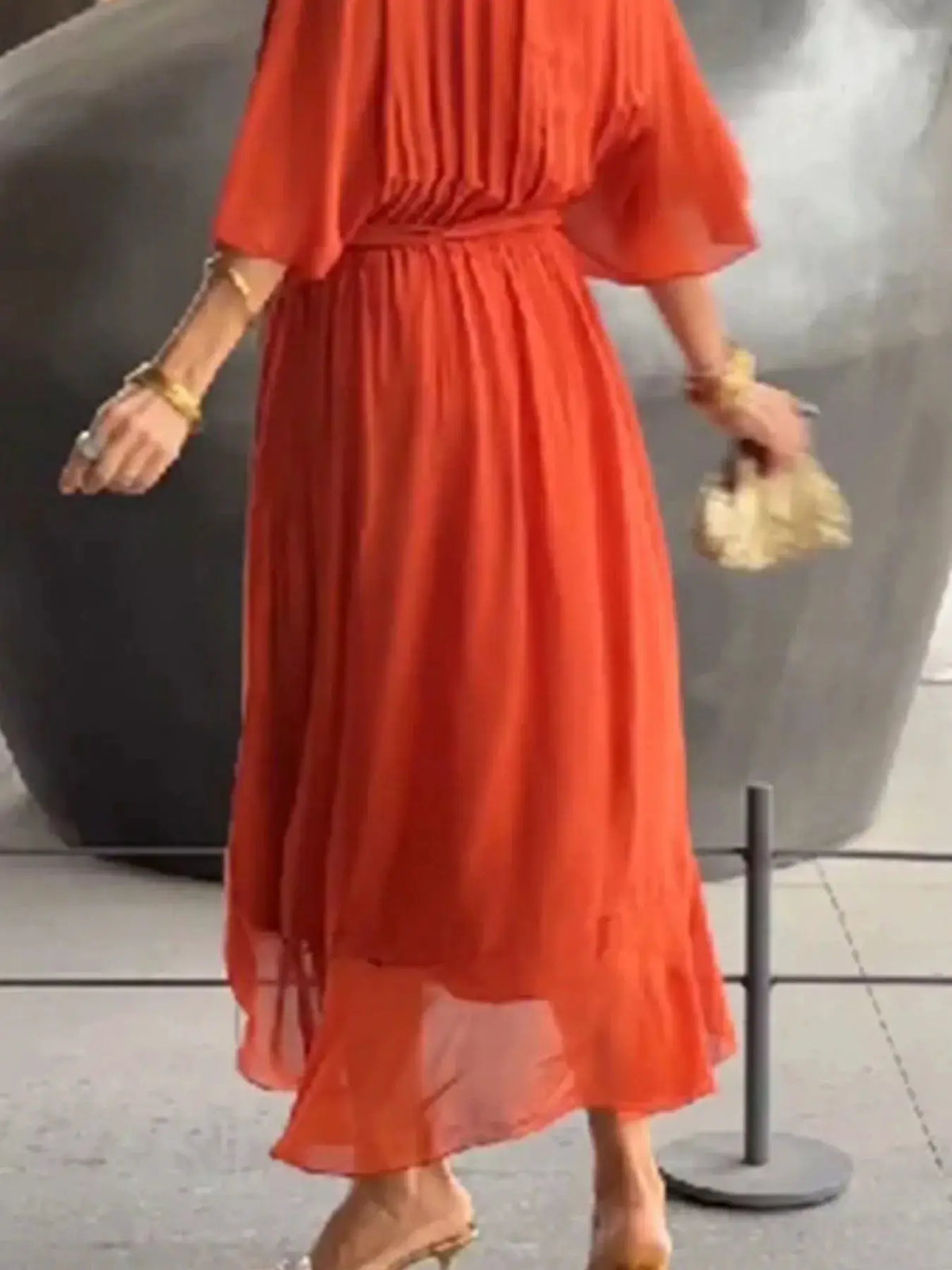 Full-size flowy tie-front midi dress with flutter sleeves in orange, plus size