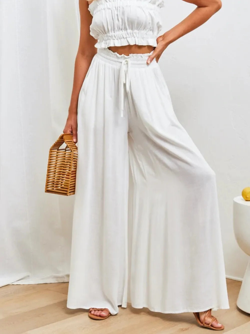 High Waist Wide-Leg Palazzo Pants in white with a drawstring waist and pockets