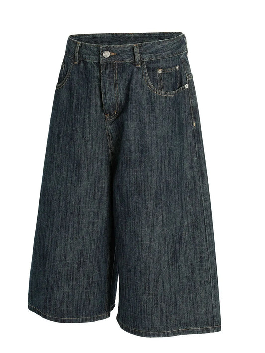 Mens Relaxed Fit Denim Shorts in dark blue cotton blend with front pockets for casual summer wear