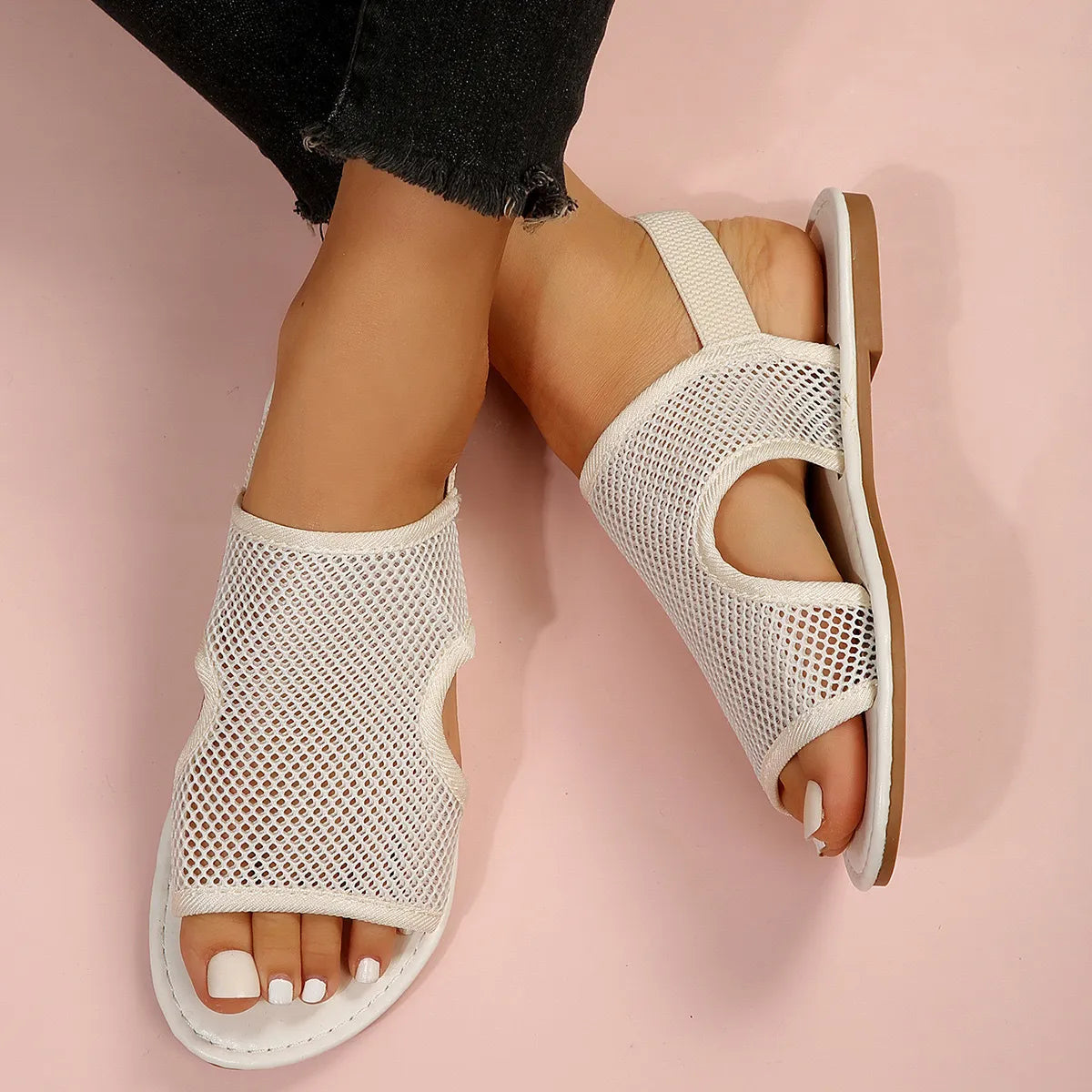 Breathable Mesh Summer Sandals by Trendsi, white mesh sandals with open toes and ankle strap.