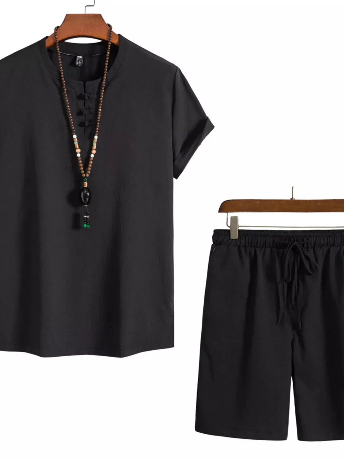Mens plus-size black mandarin-collar short-sleeve shirt and shorts set, 2-piece by Trendsi