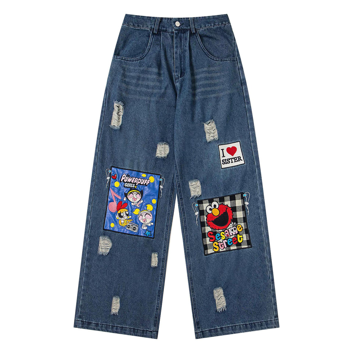 Cartoon embroidery worn jeans by eprolo; blue denim, street fashion fit, distressed patches