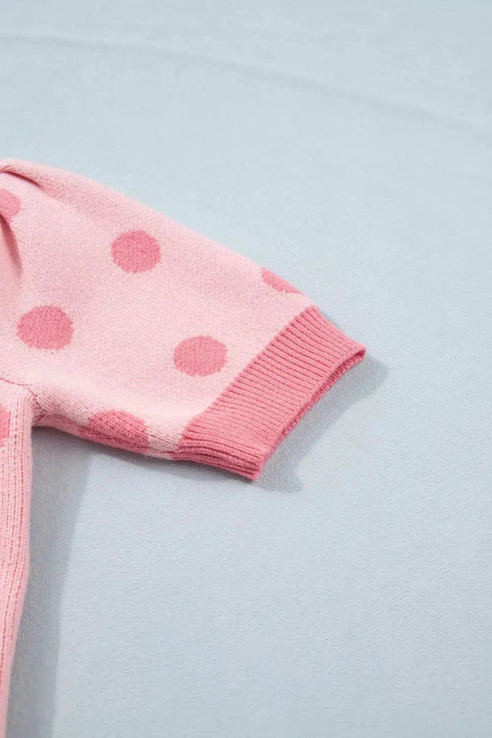 Chic polka dot puff sleeve knit sweater top in pink with gentle stretch by Trendsi