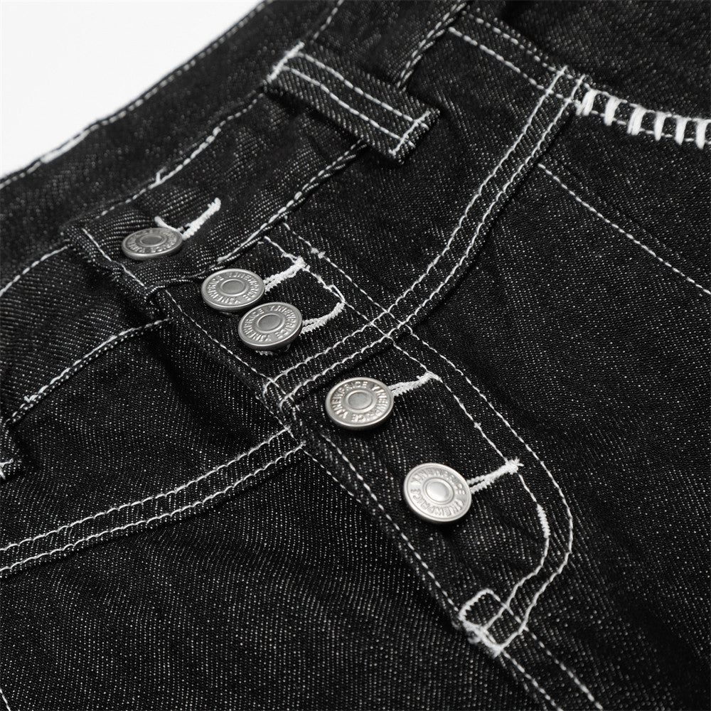 Jeans with black denim, white contrast stitching, five-button front fly, straight leg