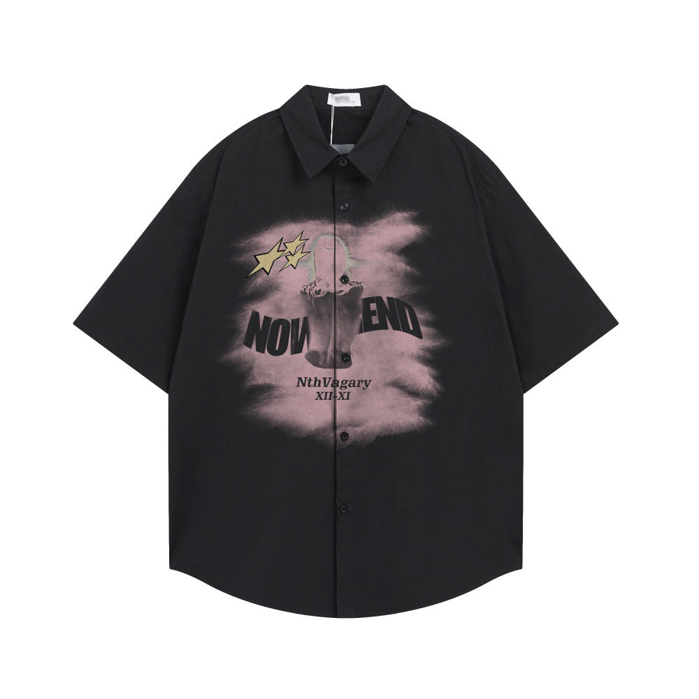 Black short-sleeve shirt with button front and pink blurred-figure graphic featuring stars and NOW END text