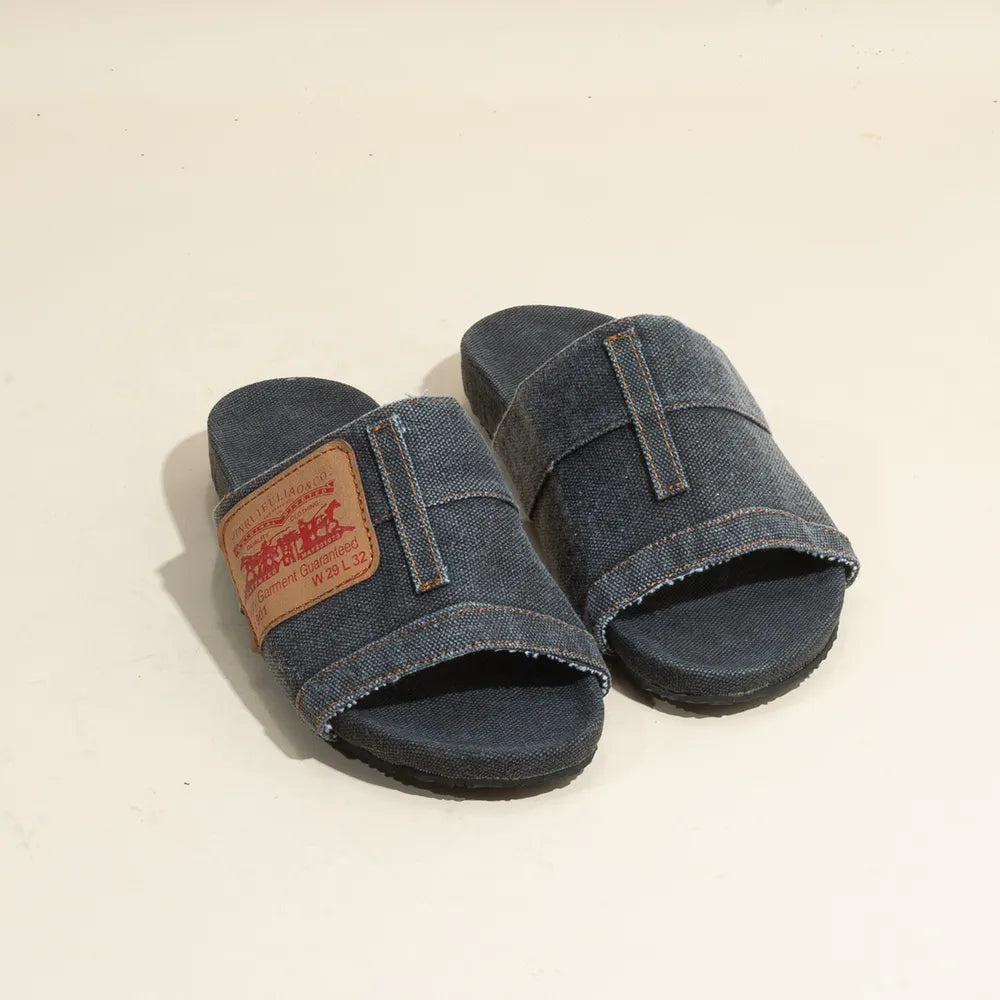 Open Toe Denim Sandals by eprolo; blue denim straps with tan patch, casual everyday slide pair