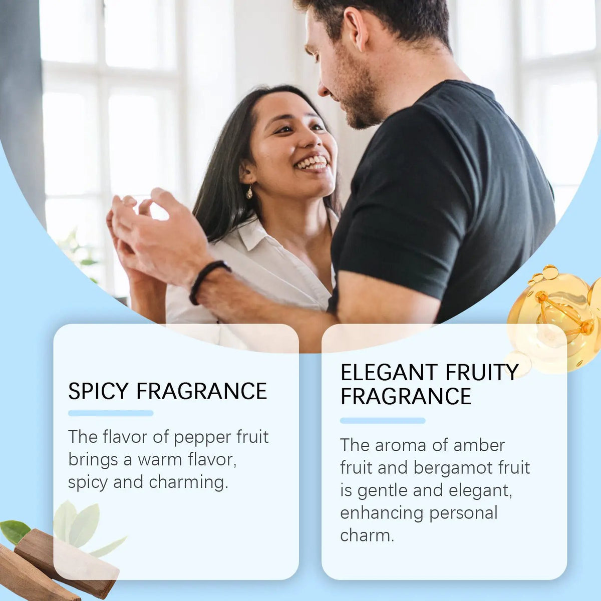 Men's Pheromone Perfume by AdTec; fruity fragrance for men, with a golden perfume bottle and smiling couple.