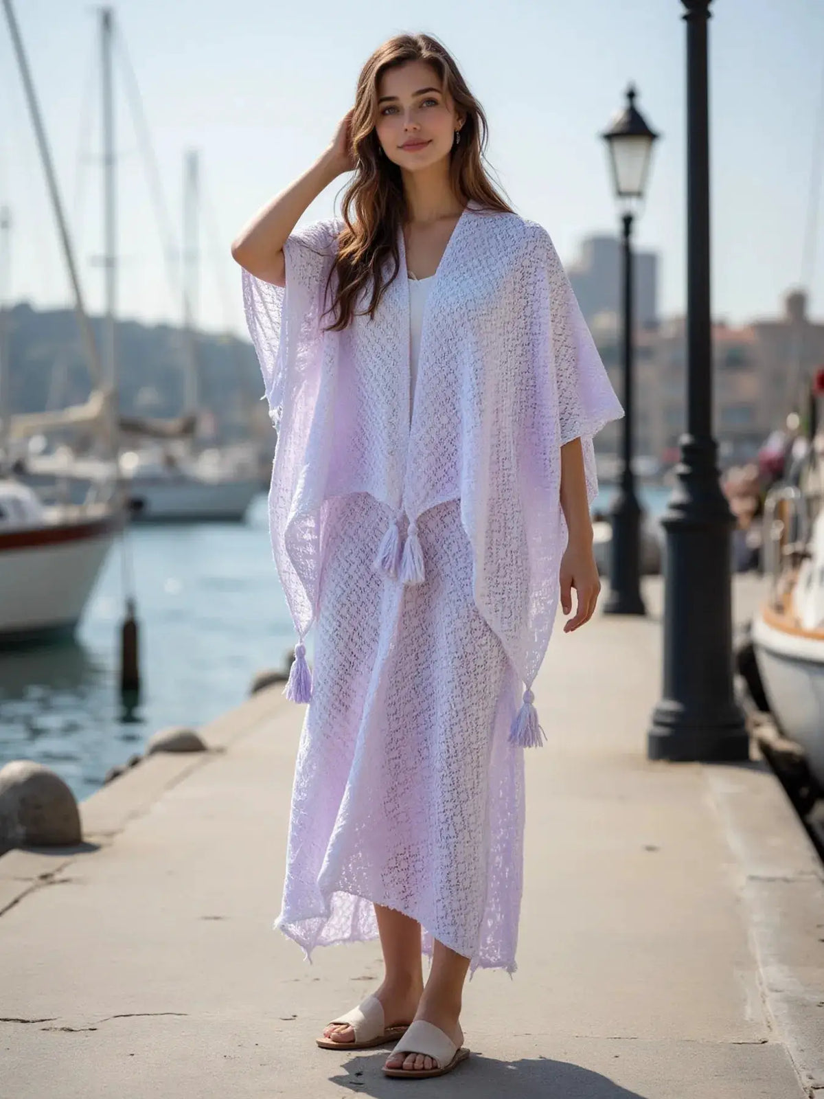 Lightweight gradient openwork knit tassel beach cover up by Trendsi in lavender lilac
