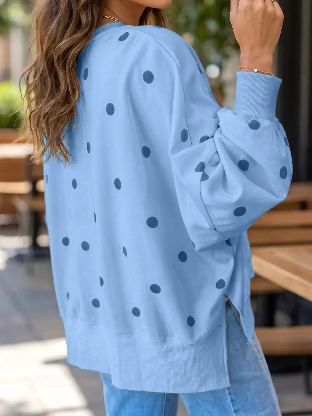 Side Slit Polka Dot Oversized Sweatshirt by Trendsi in light blue with navy dots