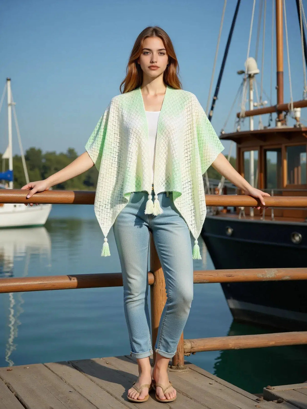 Lightweight gradient openwork knit tassel beach cover up by Trendsi in pale green to white.