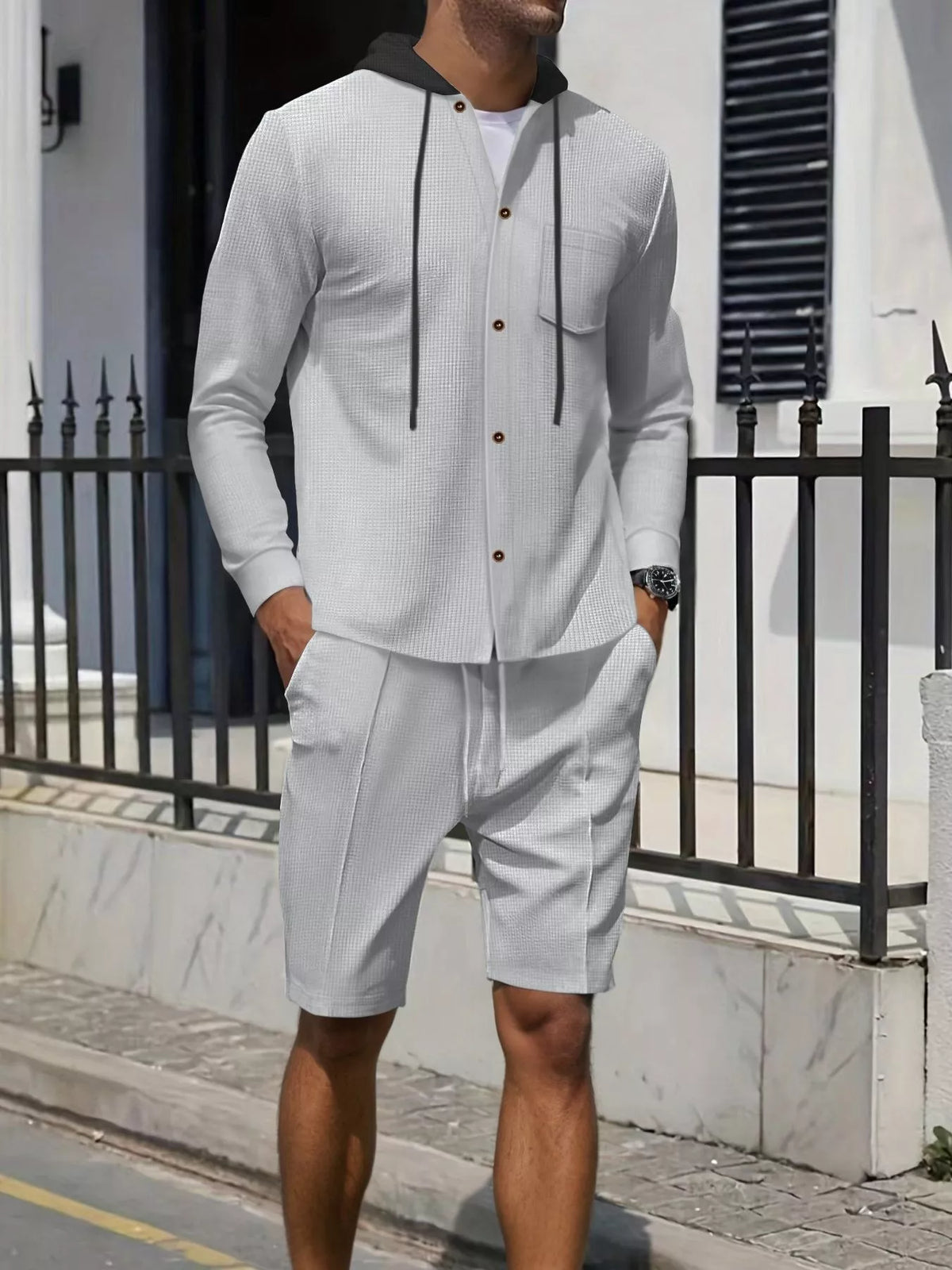 Trendsi men's two-piece casual hooded button-up top and shorts set in light gray with charcoal hood and brown buttons.