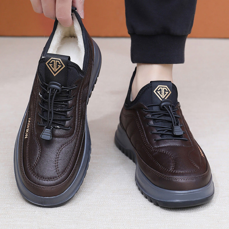 Sheep Wool Fleece-Lined Cotton Shoes, brown leather-look sneakers with fleece lining, AdTec pair