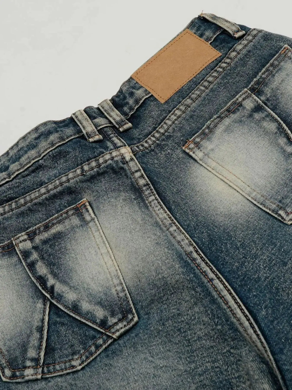 Men's acid-wash denim shorts; stretch cotton blend, blue denim, back pockets.