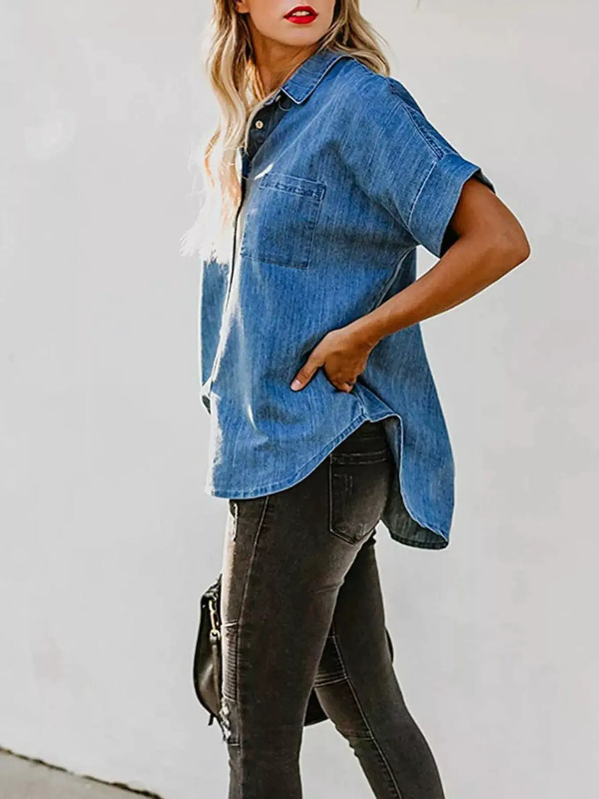 Casual Short Sleeve Denim Shirt with Button Front and Side Pockets in blue