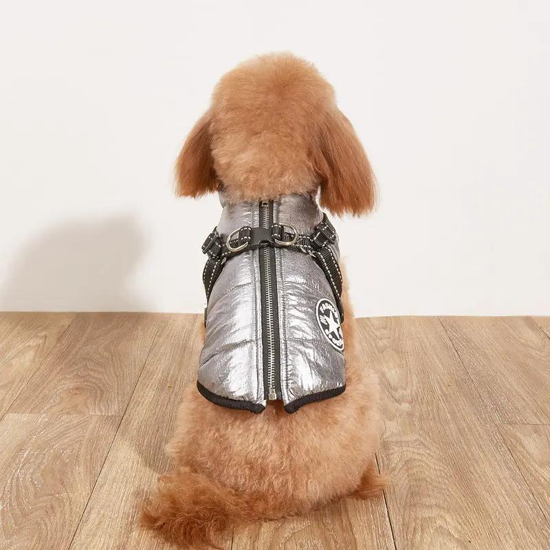 Dog coat by AdTec; silver reflective cotton-padded jacket with fleece lining