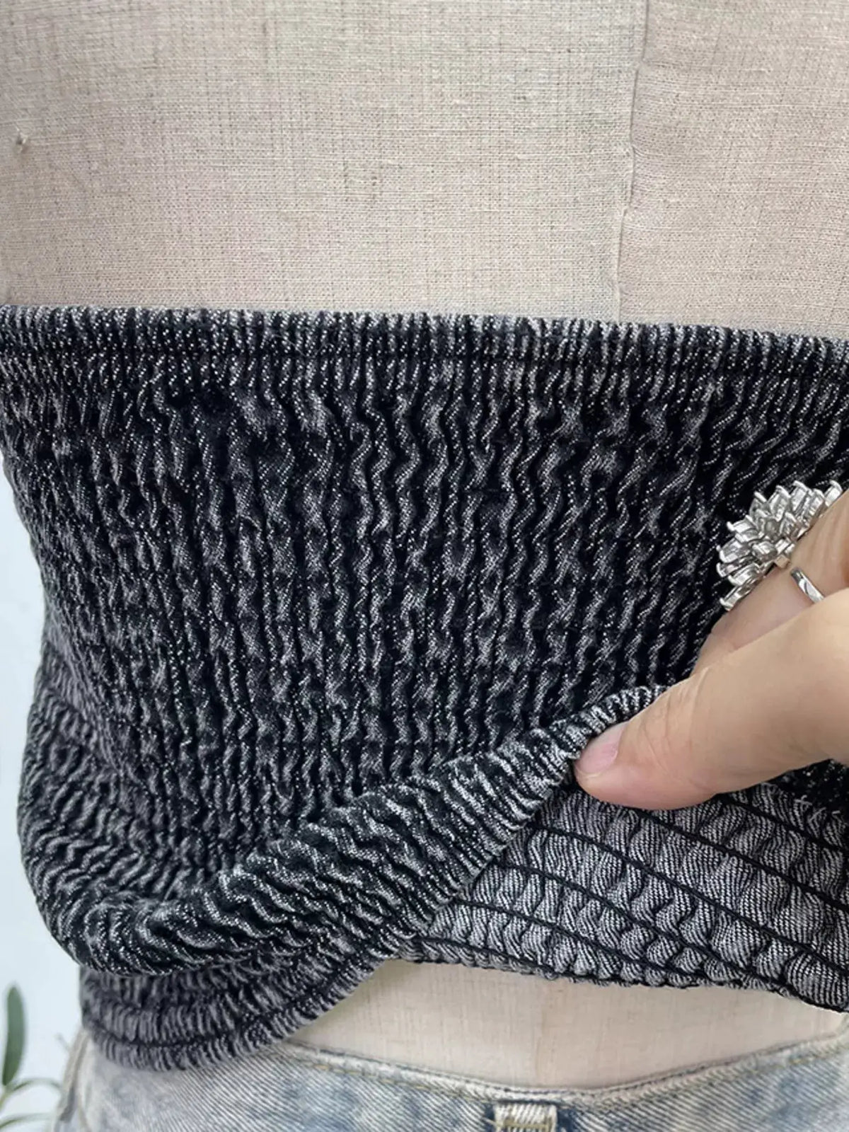 Premium Textured Smocked Denim Halter Top in marled black-gray with a stretchy spandex blend