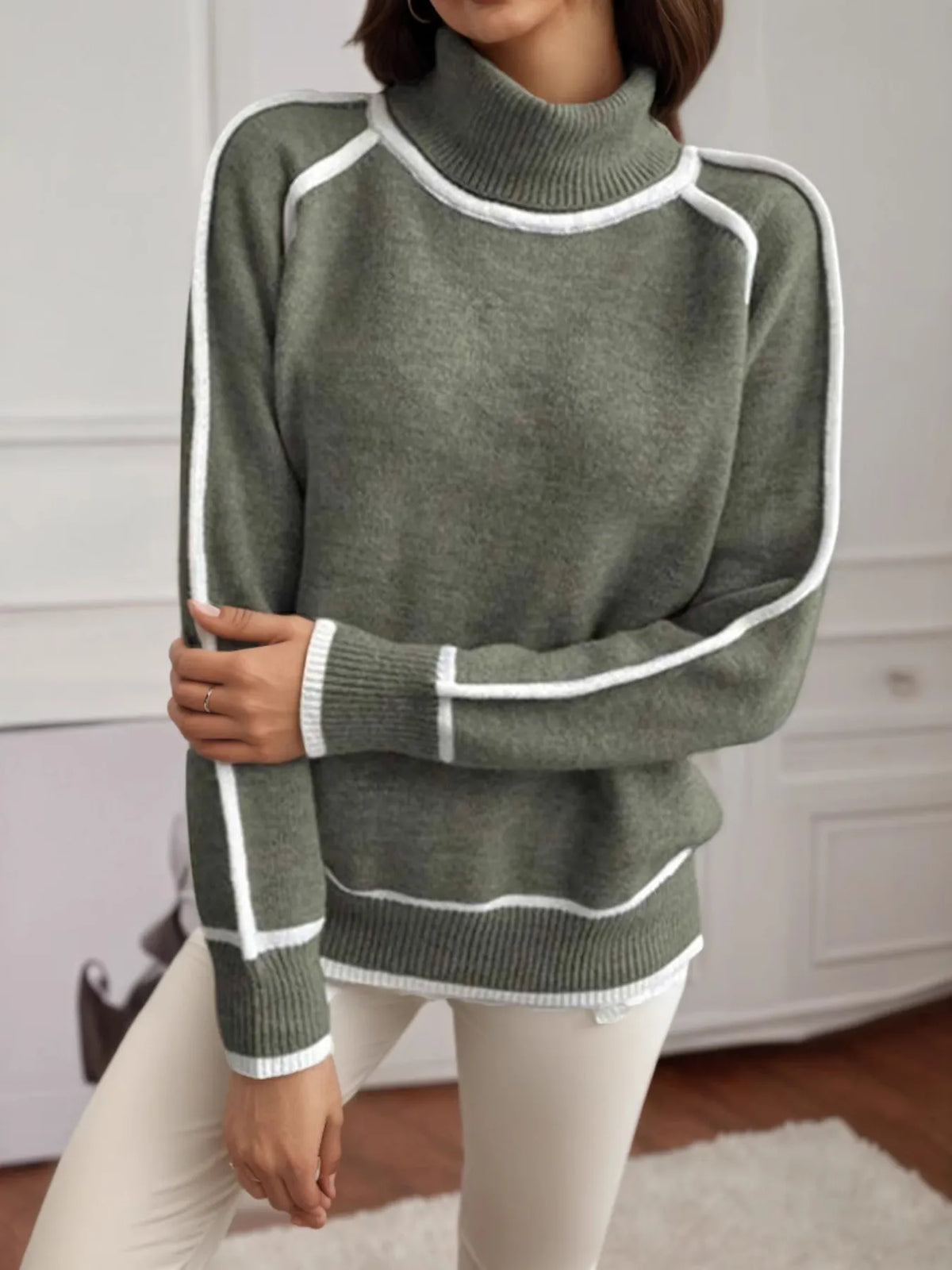 Trendsi turtleneck sweater in olive green with white contrast trim and ribbed knit