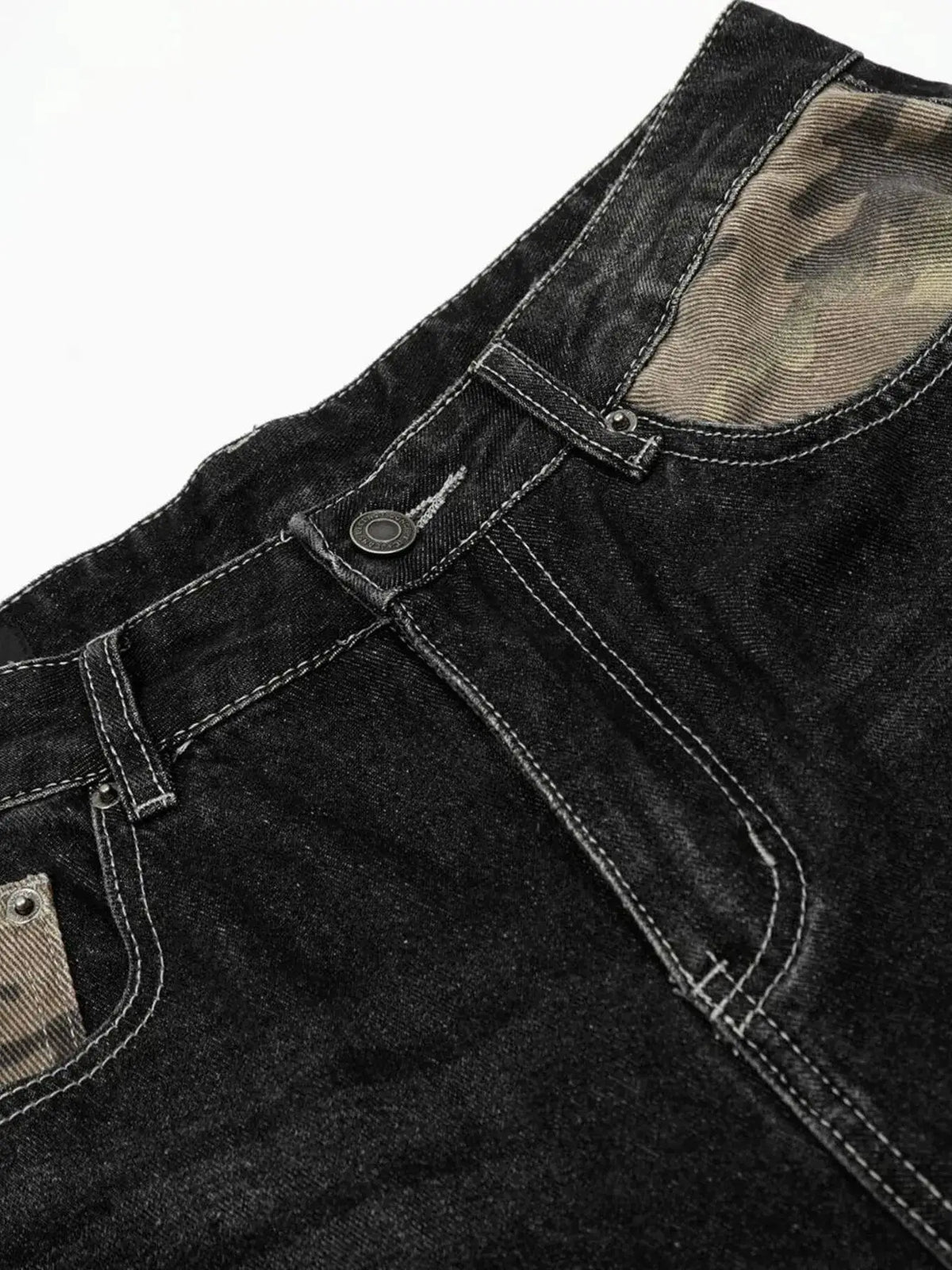 Men's distressed camo-panel denim shorts with cotton stretch; dark wash with metal rivets