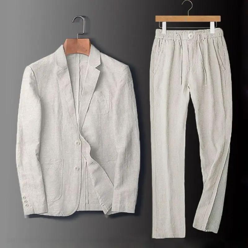 Men's pure linen 2-piece suit set by AdTec, slim fit, cream lightweight blazer and trousers