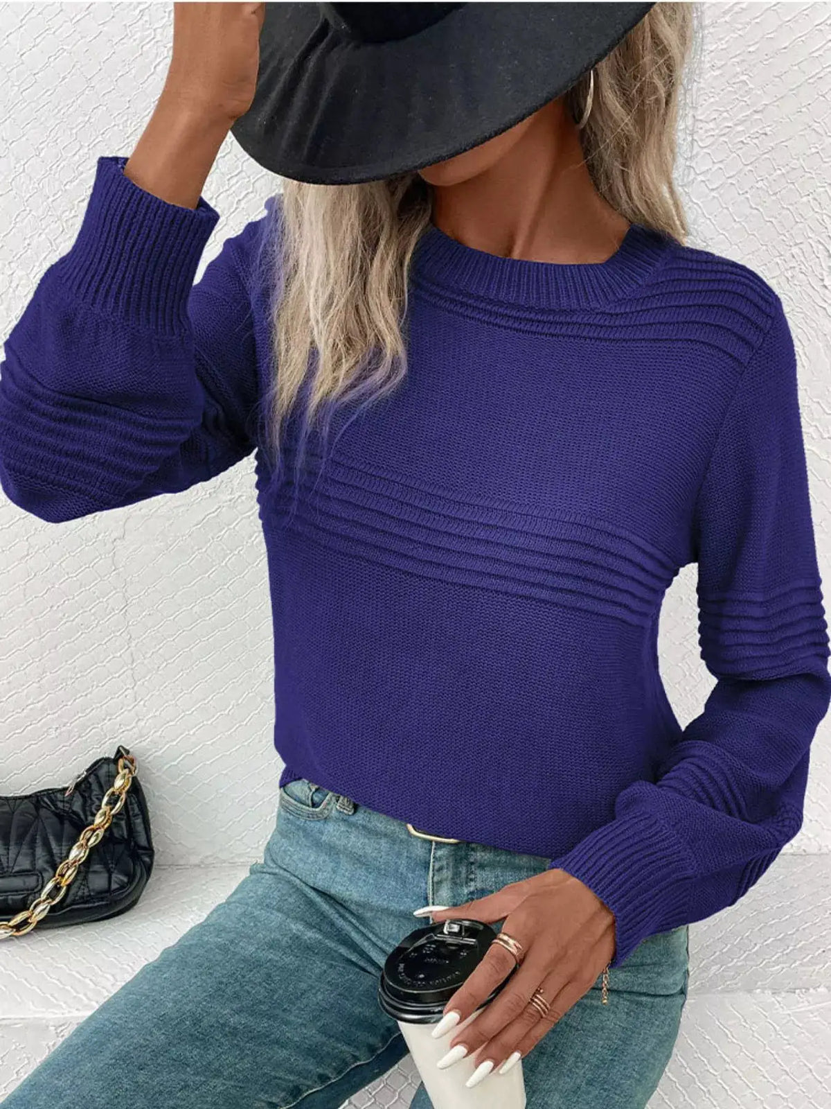 Cozy acrylic round-neck long-sleeve sweater in royal purple with stretch knit and ribbed yoke