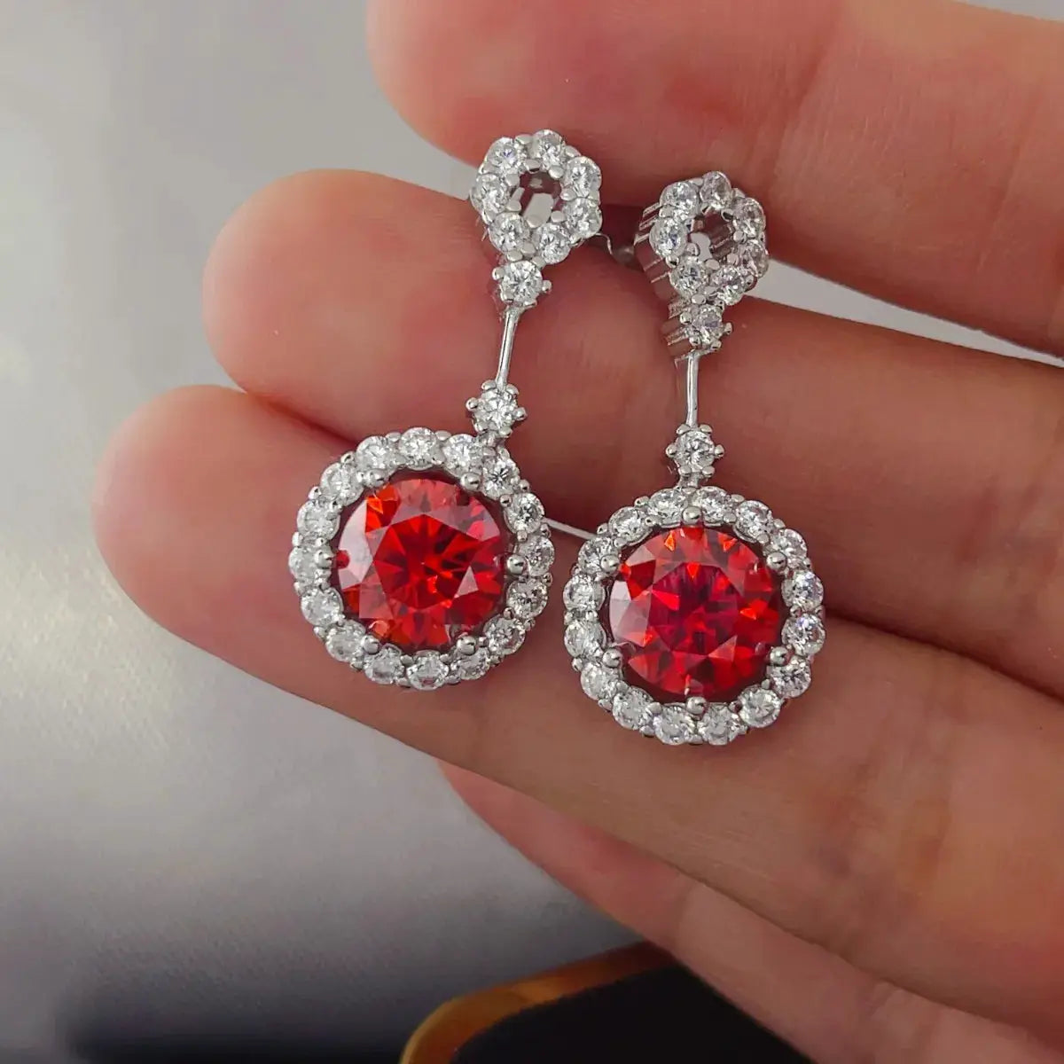 4 Carat Ruby Red Crystal Drop Earrings with rhinestone halo by Trendsi pair