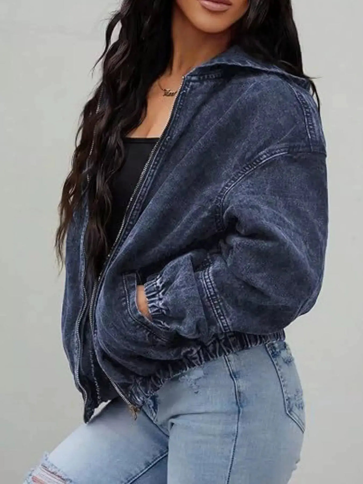 Denim jacket, oversized, vintage washed dark blue, zip-up, Trendsi.
