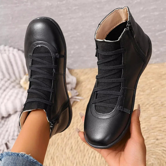 Lace-Up Faux Leather Ankle Boots, black with side zipper, two boots shown