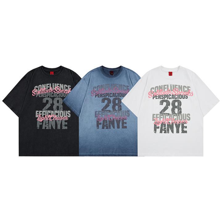 Washed gradient letter graffiti printed short sleeved shirt