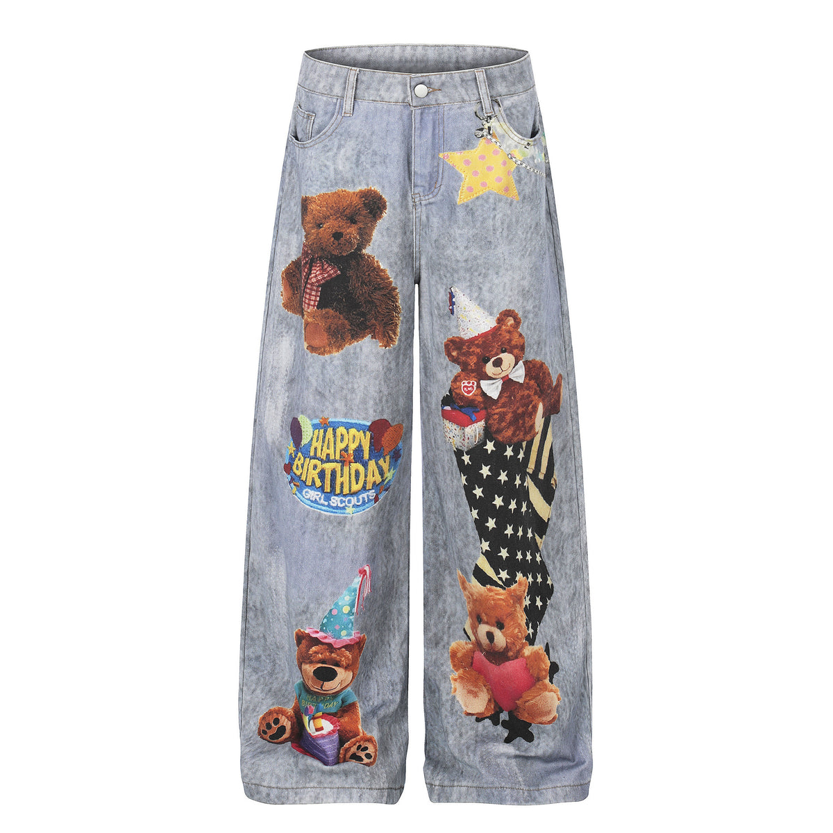 Bear-print denim jeans with teddy bears and star patches, blue washed, unisex wide-leg pants