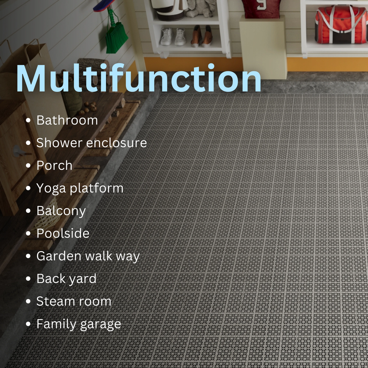 12 x 12 inch gray interlocking deck tiles, plastic waterproof, weighing up to 6613 pounds, with a rose pattern pack of 12 by eprolo