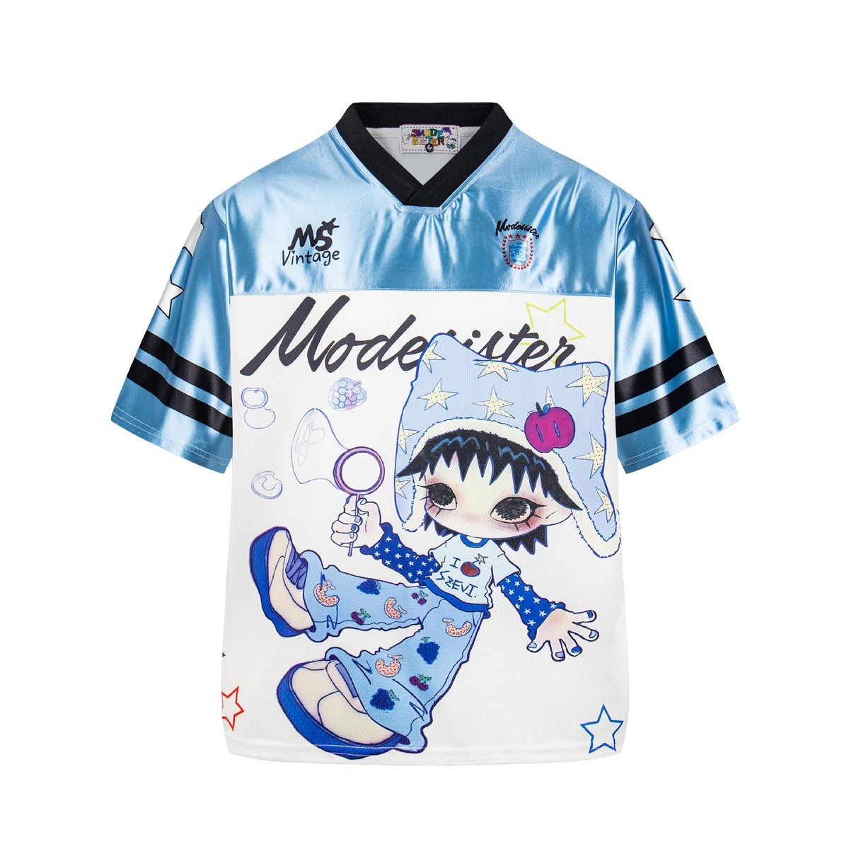 Color-blocked cartoon print short-sleeve T-shirt by eprolo in light blue