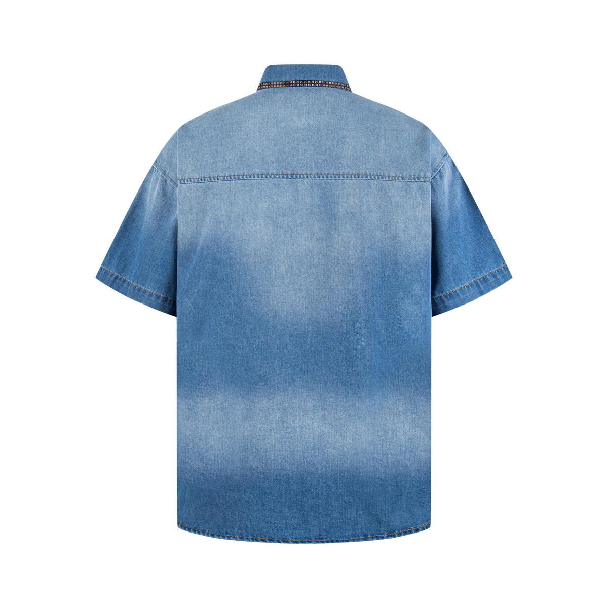 Cat embroidered denim short-sleeve shirt, blue denim, back view