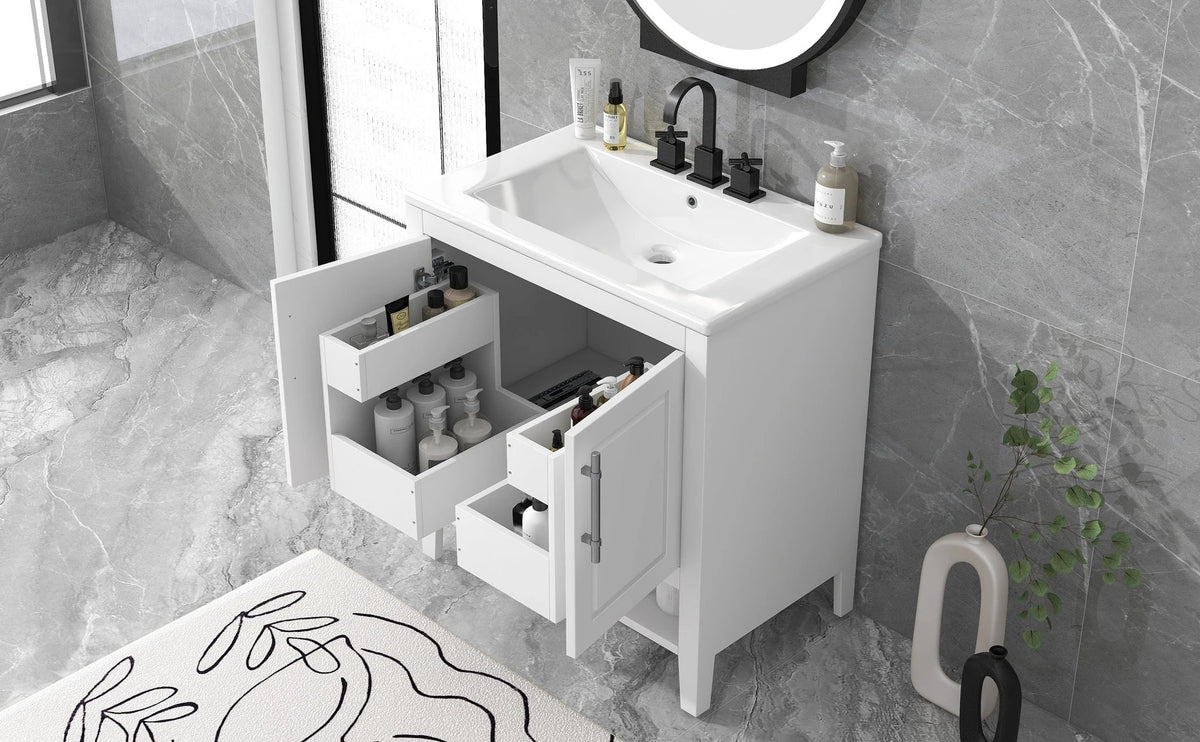 30" Bathroom Vanity with Sink Multi-functional Bathroom Cabinet with Doors and Drawers Solid Frame and MDF Board, White by eprolo
