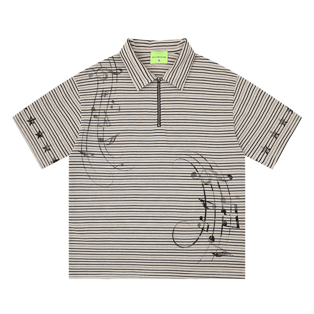 Striped beige short-sleeved polo shirt by eprolo with graphic accents