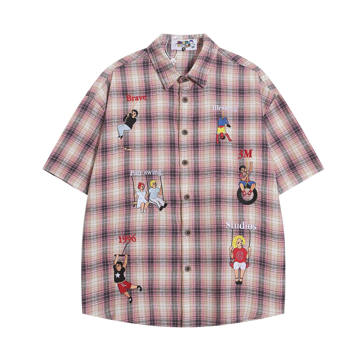 Embroidered short-sleeve shirt in pink plaid by eprolo with street-fashion patches