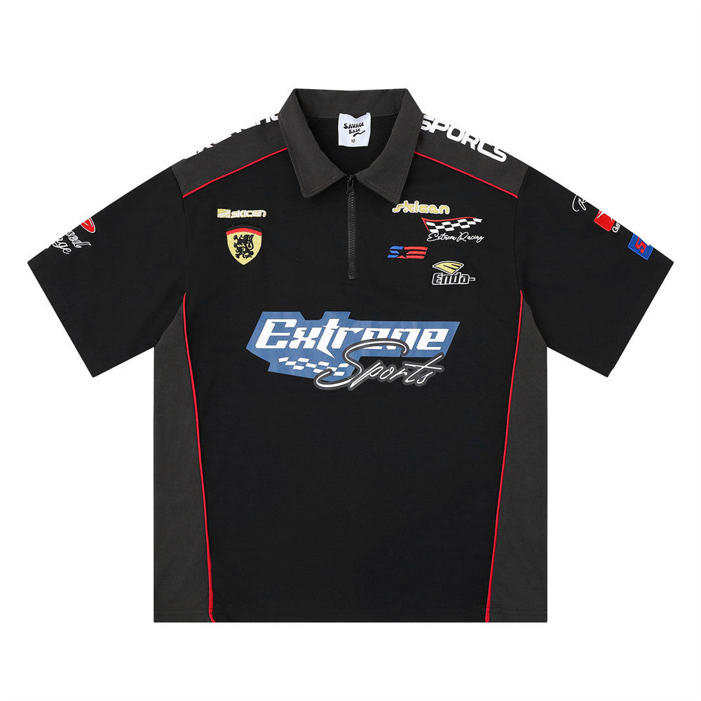 Letter color blocked short-sleeve polo shirt by eprolo, black with red piping and logo patches