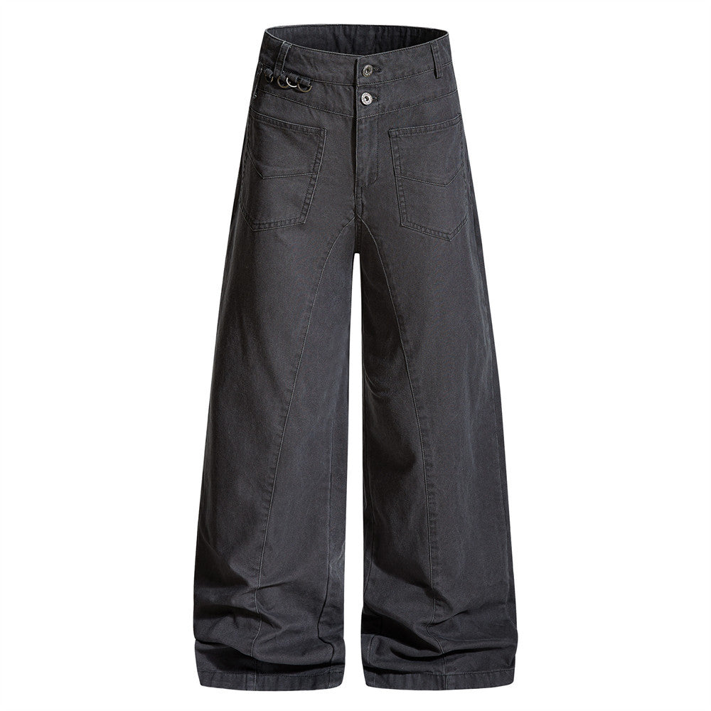 eprolo loose wide-leg jeans, dark gray denim pants with large back pockets