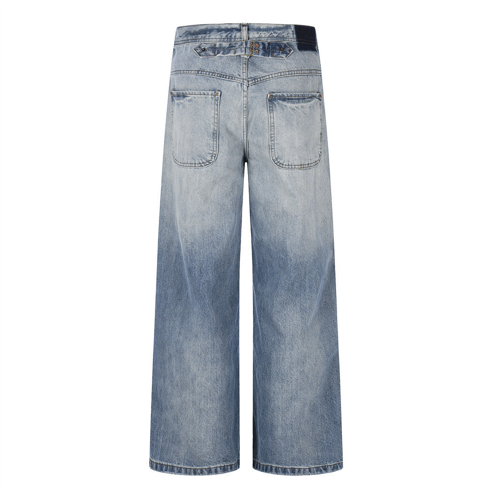 Grinding white gradient denim pants by eprolo; light-wash wide-leg jeans with back pockets.