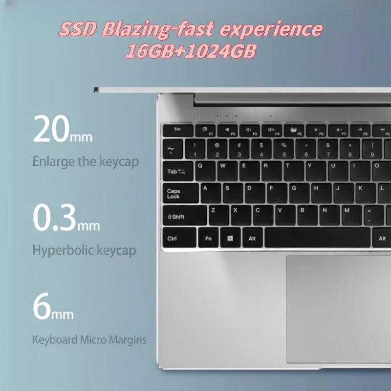 Silver ultra-slim laptop with black keyboard and touchpad, top-down view on a blue gradient background.