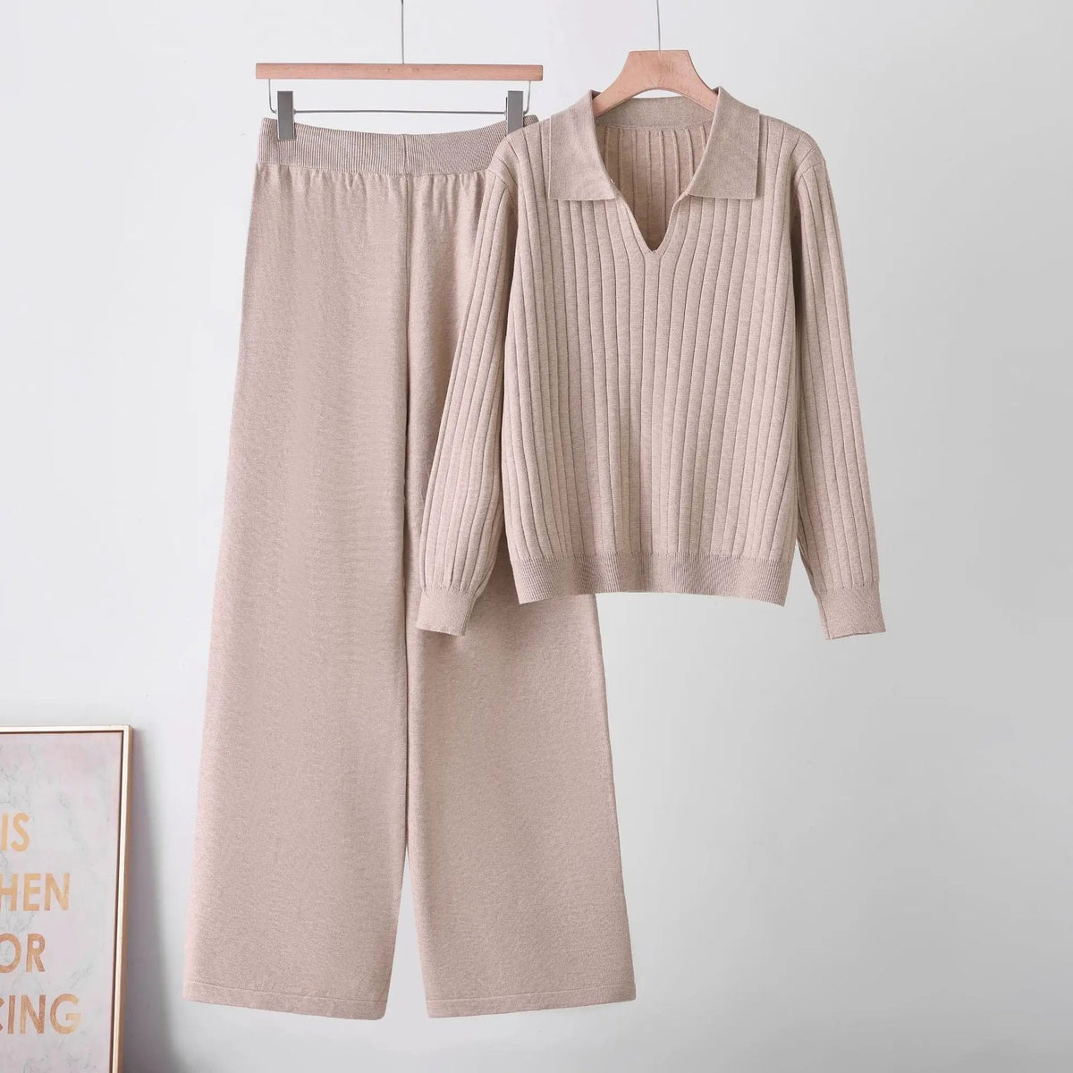 eprolo beige ribbed knit two-piece matching polo-neck sweater set for women with long-sleeve top and pants