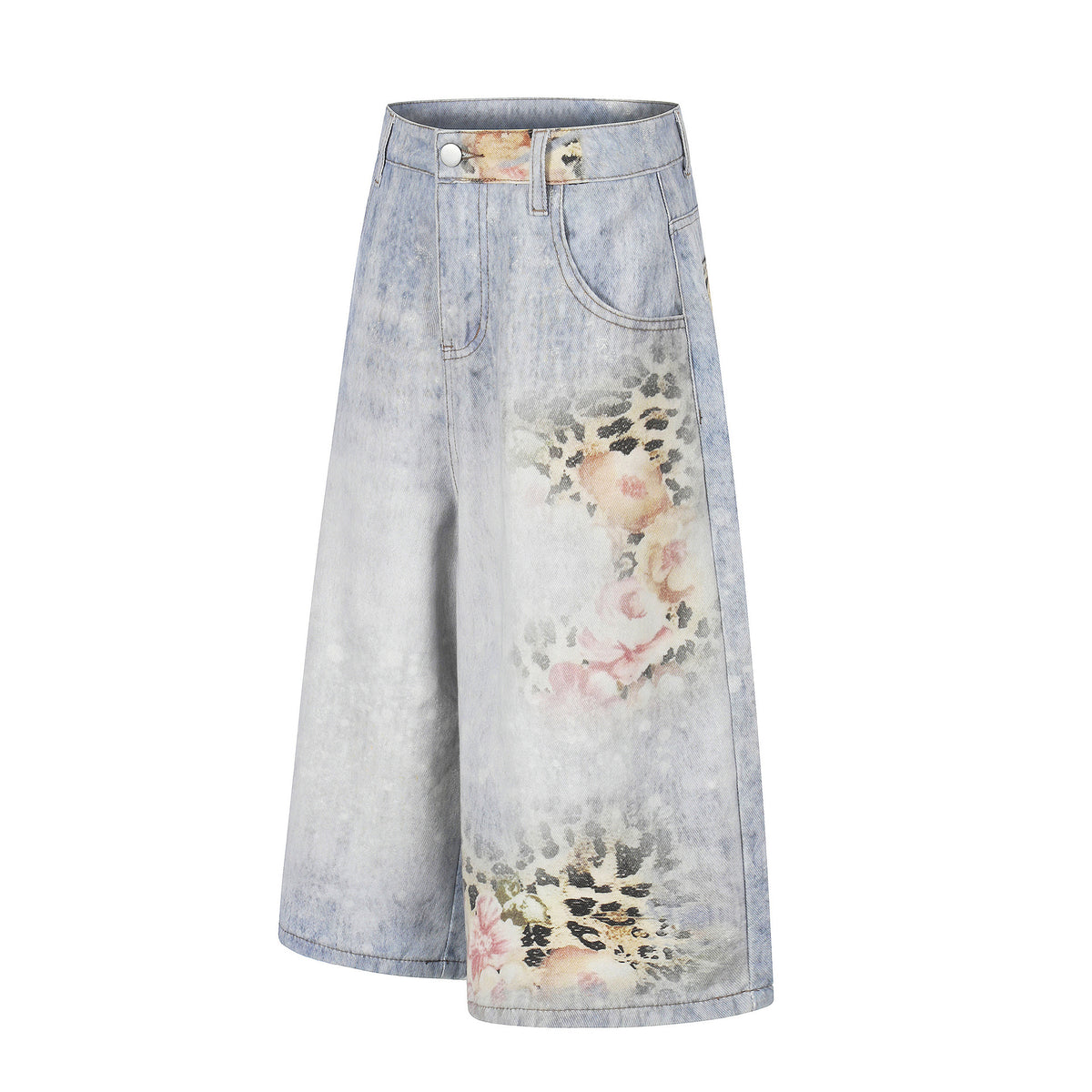 Leopard print denim cropped pants by eprolo, loose wide-leg, distressed washed finish
