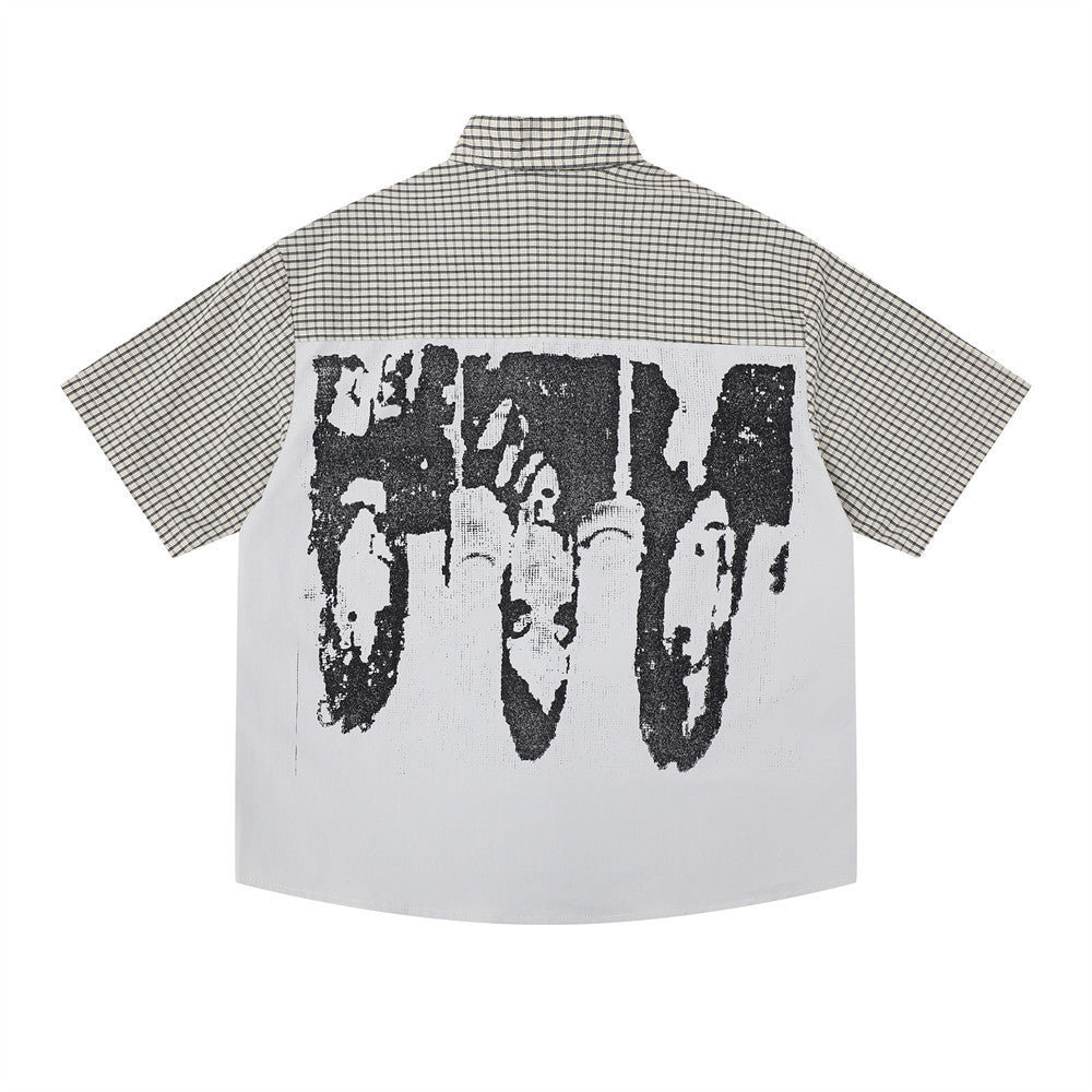 Portrait printed short-sleeve shirt by eprolo with checkered panels and a bold black abstract back graphic.